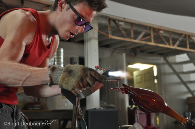 Evan Kolker at work, making a pitcher plant, September 2015 @ Glow Glass Studio in Oakland