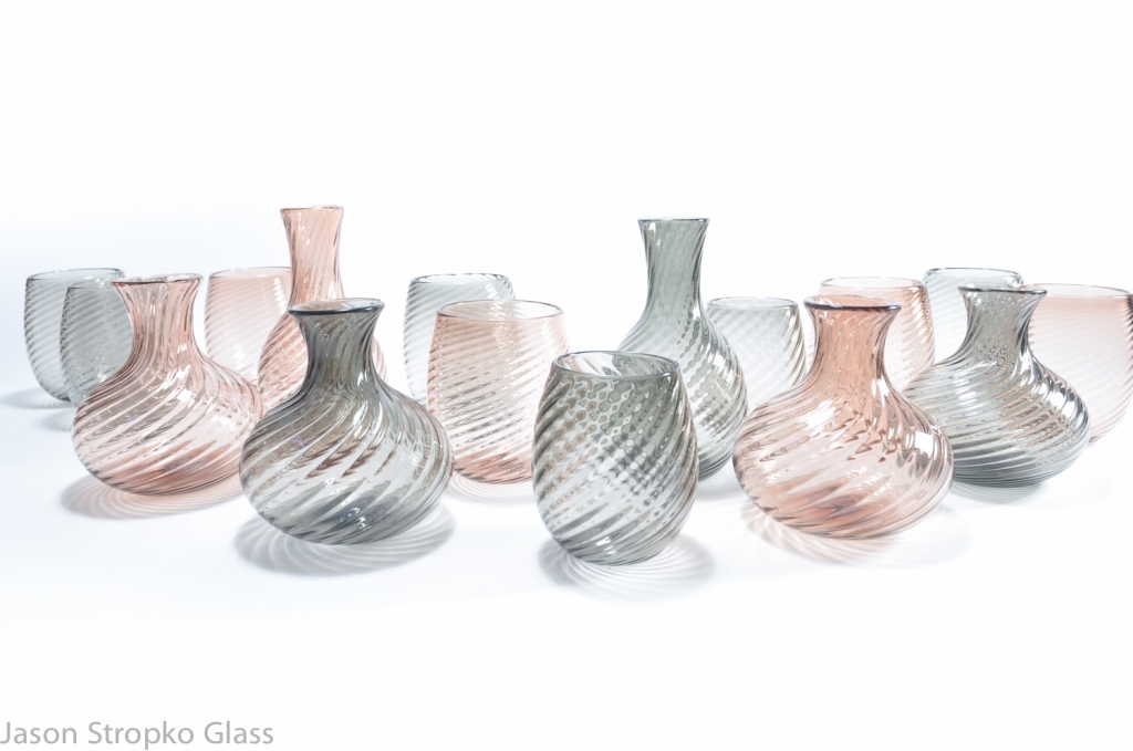 Tactile twisted ripple effect table ware set, blown glass, made by Jason Stropko